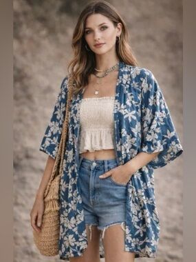 Natural by Known Supply Organic Cotton Kimono Blue Floral Open Front Size M/L